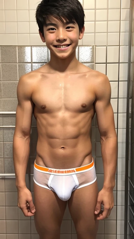 Japanese men、13 years old、Muscles and smooth skin、Very short black hair、A relaxed and friendly smile、Orange thin boxer briefs、The whole body is well visible、Posing in the bathroom、