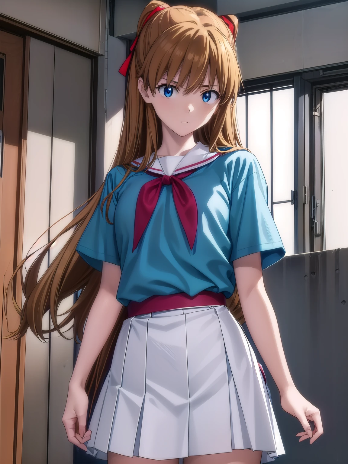 Sugar Angle, Soryu Asuka Langley, (Soryu Asuka Langley:1.2), Long Hair, bangs, blue eyes, Brown Hair, hair ornaments,
break skirt, shirt, ribbon, , white shirt, Short sleeve, Blue Skirt, clock, wristclock, (Tokyo 3rd  School Uniform:1.5),
break indoors, classroom,
break looking at viewer, (Cowboy Shot:1.5),
break (masterpiece:1.2), Highest quality, High resolution, unity 8k wallpaper, (figure:0.8), (Beautiful attention to detail:1.6), Highly detailed face, Perfect lighting, Highly detailed CG, (Perfect hands, Perfect Anatomy),