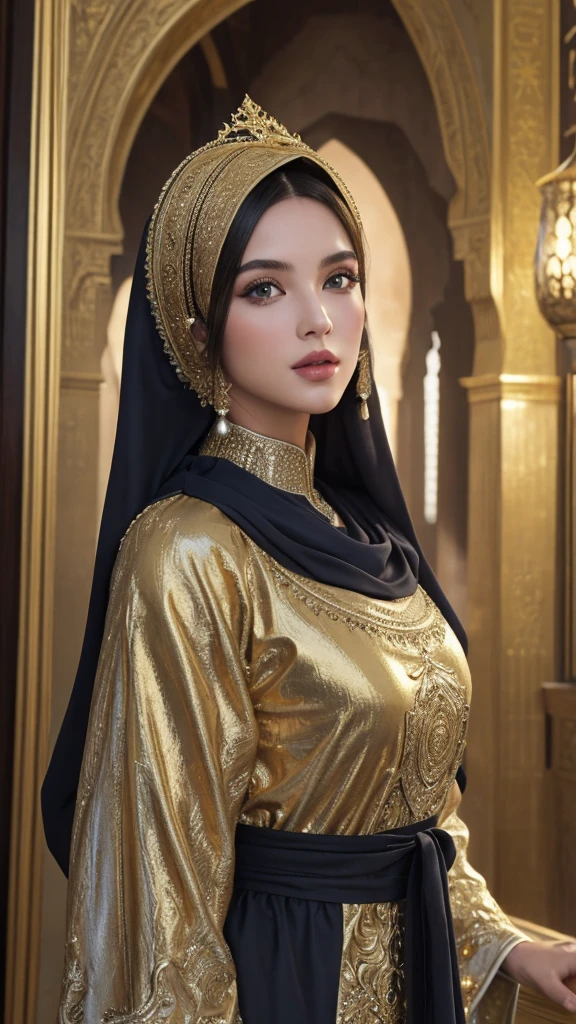 (master piece: 1.3), (8k, photoreallistic, Photo brute, beste-Qualit: 1.4), (1fille), beau visage, (realistic face), (cheveux noire, cheveux long 1.3), belle coiffure, realistic eyes, beautiful detailed eyes brilliant European beauty, (realistic skin), belle peau, (tirer), absurdes, attrayant, ultra highres, ultra realist, highly detailed, Golden Number wearing a full Moroccan Islamic caftan outfit