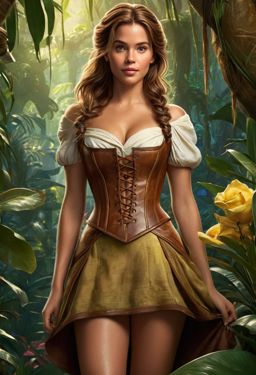 Insanely detailed, full body, brown leather sandals, color portrait of gorgeous Belle from the Beauty and the Beast in the jungle, perfect proportions, flawless eyes, by Artgerm, Greg Olsen, Pixar, WLOP, hyperrealistic, hyper detailed, photorealistic, a masterpiece, incredible composition, amazing depth, imposing, meticulously composed, 8k,