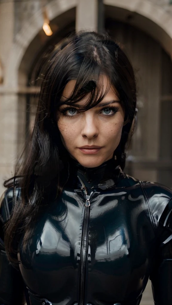 a photo of Esmée,as black latex superhero,wearing a black latex suit,blue eyes,wearing large black latex coat,close up face portrait,having long straight black hair,no lipstick ,85 mm,wearing no sunglasses,looking damn smart