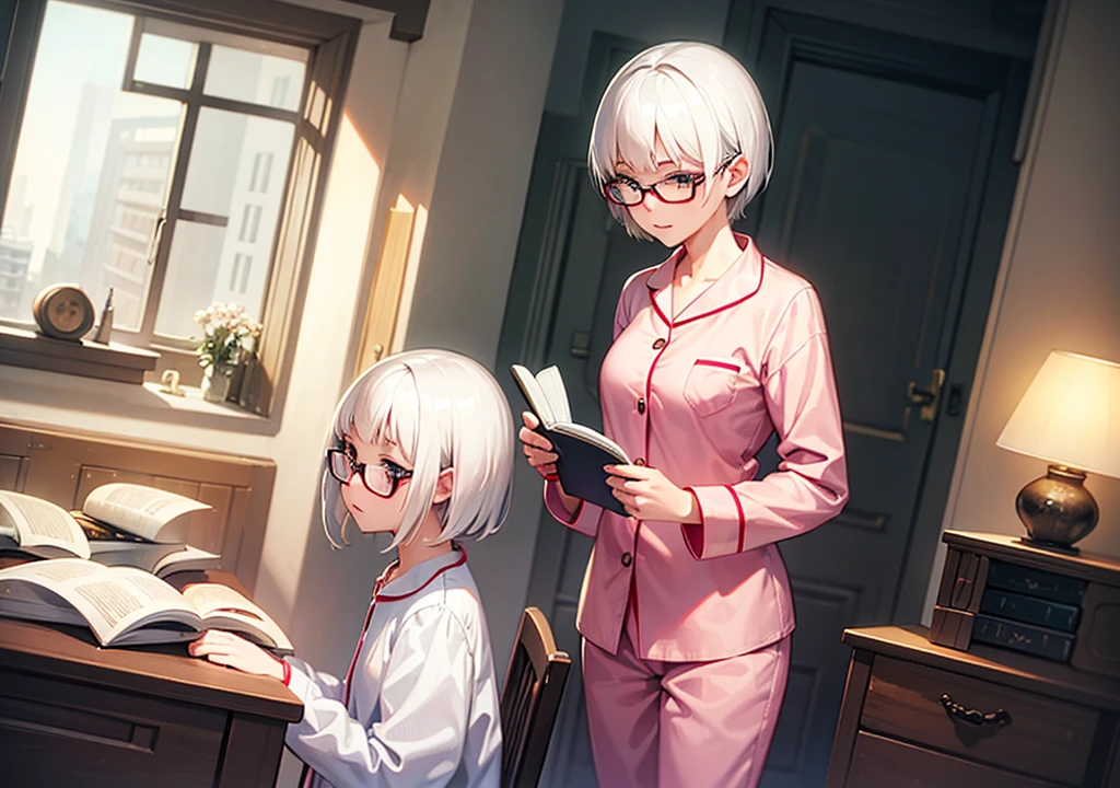 Young woman, white hair, short hair, Wear glasses,Short bulb, pajamas,Look at me., read a book, bedroom,wide angle