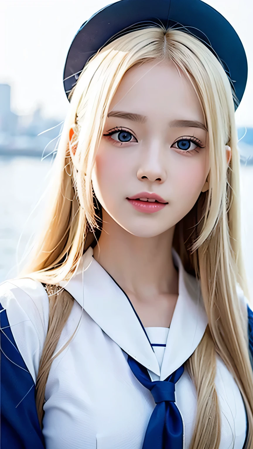 Bust Shot、The most beautiful girls of Nordic、Beautiful, lustrous silk skin that shines white like snow、16 years old、Adorable cute beautiful face、(Bright expression)、Beautiful eyes and shiny blonde hair between the eyes、Beautiful big pale blue eyes covered with bangs、Cute beautiful young woman。Golden, bright, straight, platinum blonde, silky, super long hair、A beautiful girl who looks good in a Japan sailor suit