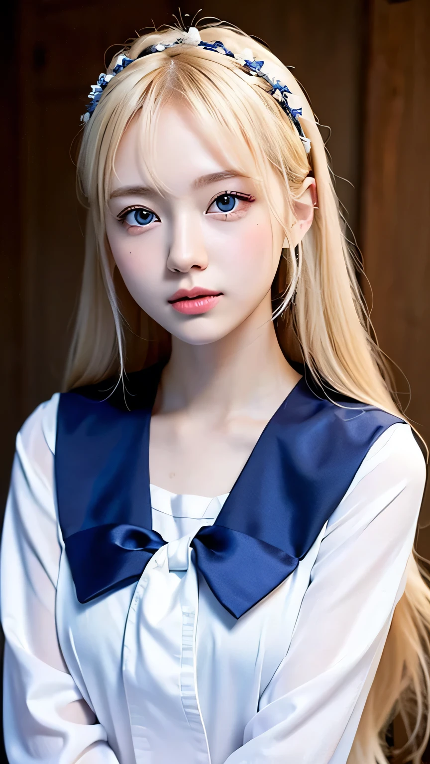 Bust Shot、The most beautiful girls of Nordic、Beautiful, lustrous silk skin that shines white like snow、16 years old、Adorable cute beautiful face、(Bright expression)、Beautiful eyes and shiny blonde hair between the eyes、Beautiful big pale blue eyes covered with bangs、Cute beautiful young woman。Golden, bright, straight, platinum blonde, silky, super long hair、A beautiful girl who looks good in a Japan sailor suit