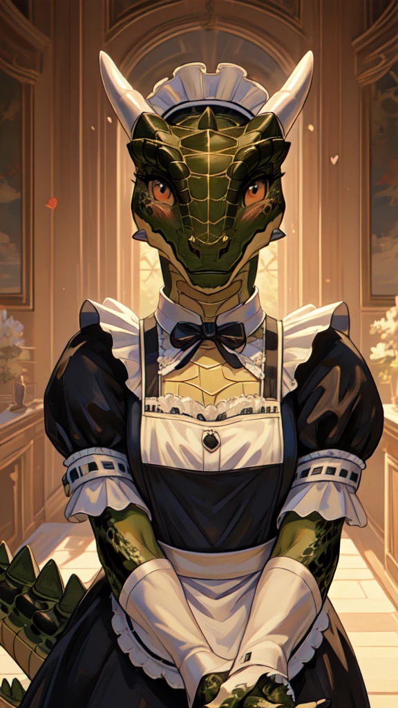 anime, HDR, soft light, ((Best quality)), ((masterpiece)), (deTailed), a Lustiargonian, maid, colored leather, green skin, maid headdress, Tail, horns, (Scales:1.2), (muzzle, animal nose:1.1), blush, embarrassed, (I look at the viewer:1.1), cowboy shot,  charming pose, Mansion, 