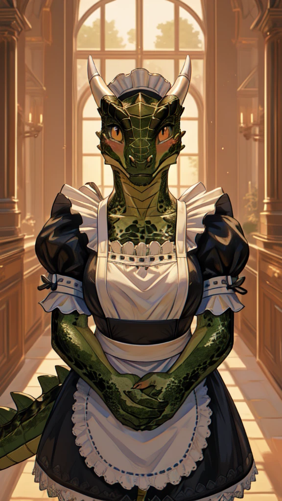 anime, HDR, soft light, ((Best quality)), ((masterpiece)), (deTailed), a Lustiargonian, maid, colored leather, green skin, maid headdress, Tail, horns, (Scales:1.2), (muzzle, animal nose:1.1), blush, embarrassed, (I look at the viewer:1.1), cowboy shot,  charming pose, Mansion, 