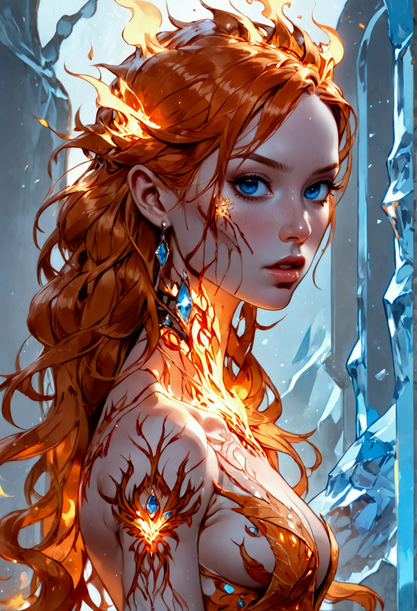 a glamour picture shot, of an elite model covered in fire walking on a icy catwalk, an extraordinary glamourous elite female model, ((full body: 1.5)),  ((anatomically correct: 1.5), (ultra detailed face: 1.2), best detailed face, orange hair, long hair, lush hair, glam hair cut, blue eyes, delicate face, light make up, wearing intricate detailed dress, glamour dress, haute couture dress, elite fashion dress, FireMagicAI,  small cleavage, wearing high heels, elegant high heels, she wears diamond necklace, she is covered in fire, she walks on an icy catwalk, image reflecting in the ice IceMagicAI, elite fashion show background, vibrant, Hyperrealism style, vibrant, Ultra-high resolution, High Contrast, (masterpiece:1.5), highest quality, Best aesthetics), best details, best quality, highres, ultra wide angle, 16k, [ultra detailed], masterpiece, best quality, (extremely detailed) RAW, FireMagicAI, IceMagicAI, Dark Art Painting Style