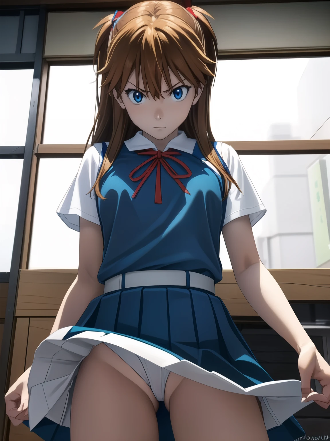 Sugar Angle, Soryu Asuka Langley, (Soryu Asuka Langley:1.2), Long Hair, bangs, blue eyes, Brown Hair, hair ornaments,
break skirt, shirt, ribbon, , white shirt, Short sleeve, Blue Skirt, clock, wristclock, (Tokyo 3rd Junior High School Uniform:1.5),
break indoors, classroom,
break looking at viewer, (Cowboy Shot:1.5),
break (masterpiece:1.2), Highest quality, High resolution, unity 8k wallpaper, (figure:0.8), (Beautiful attention to detail:1.6), Highly detailed face, Perfect lighting, Highly detailed CG, (Perfect hands, Perfect Anatomy),