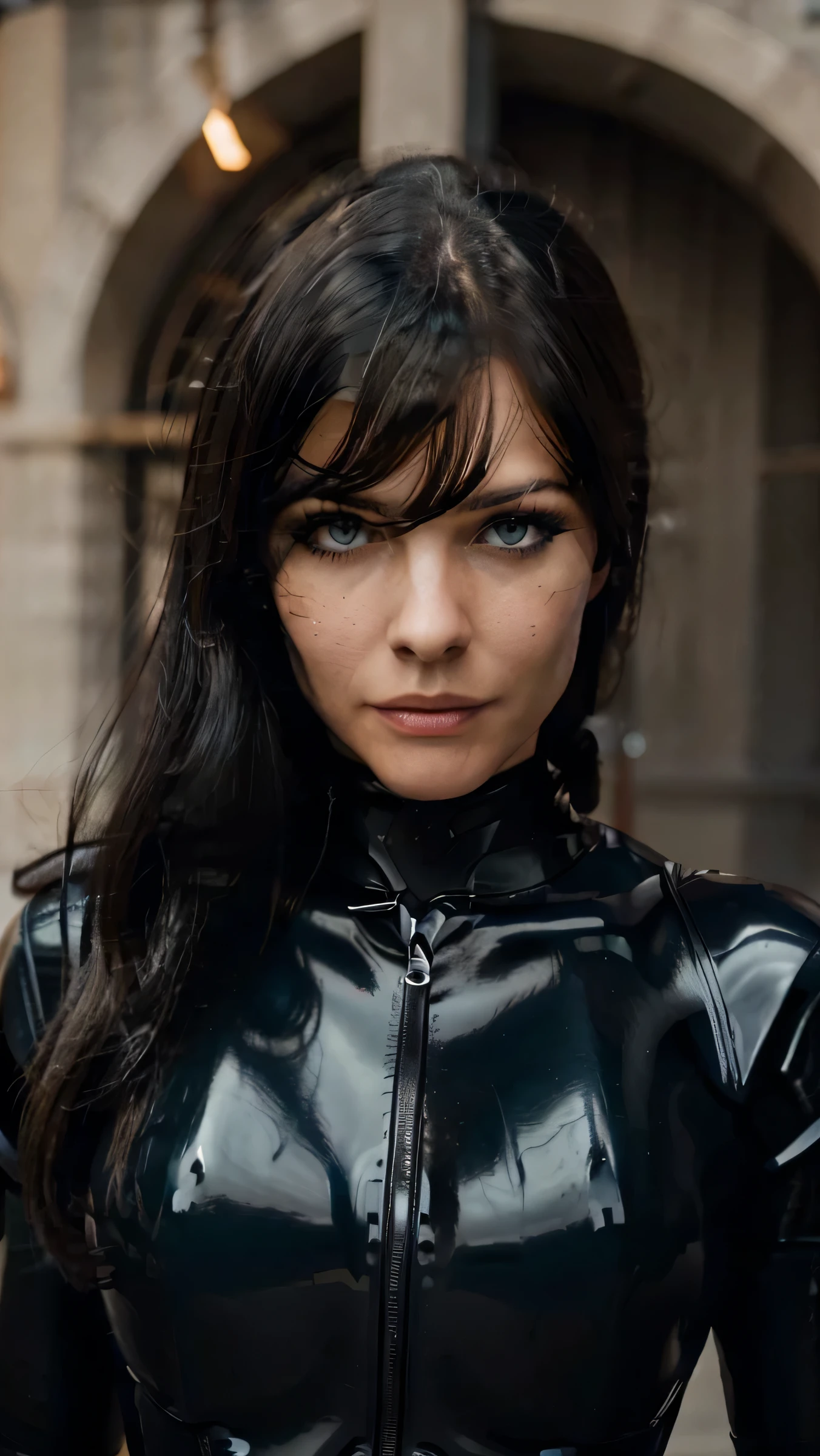 a photo of Esmée,as black latex superhero,wearing a black latex suit,blue eyes,wearing large black latex coat,close up face portrait,having long straight black hair,no lipstick ,85 mm,wearing no sunglasses,looking damn smart