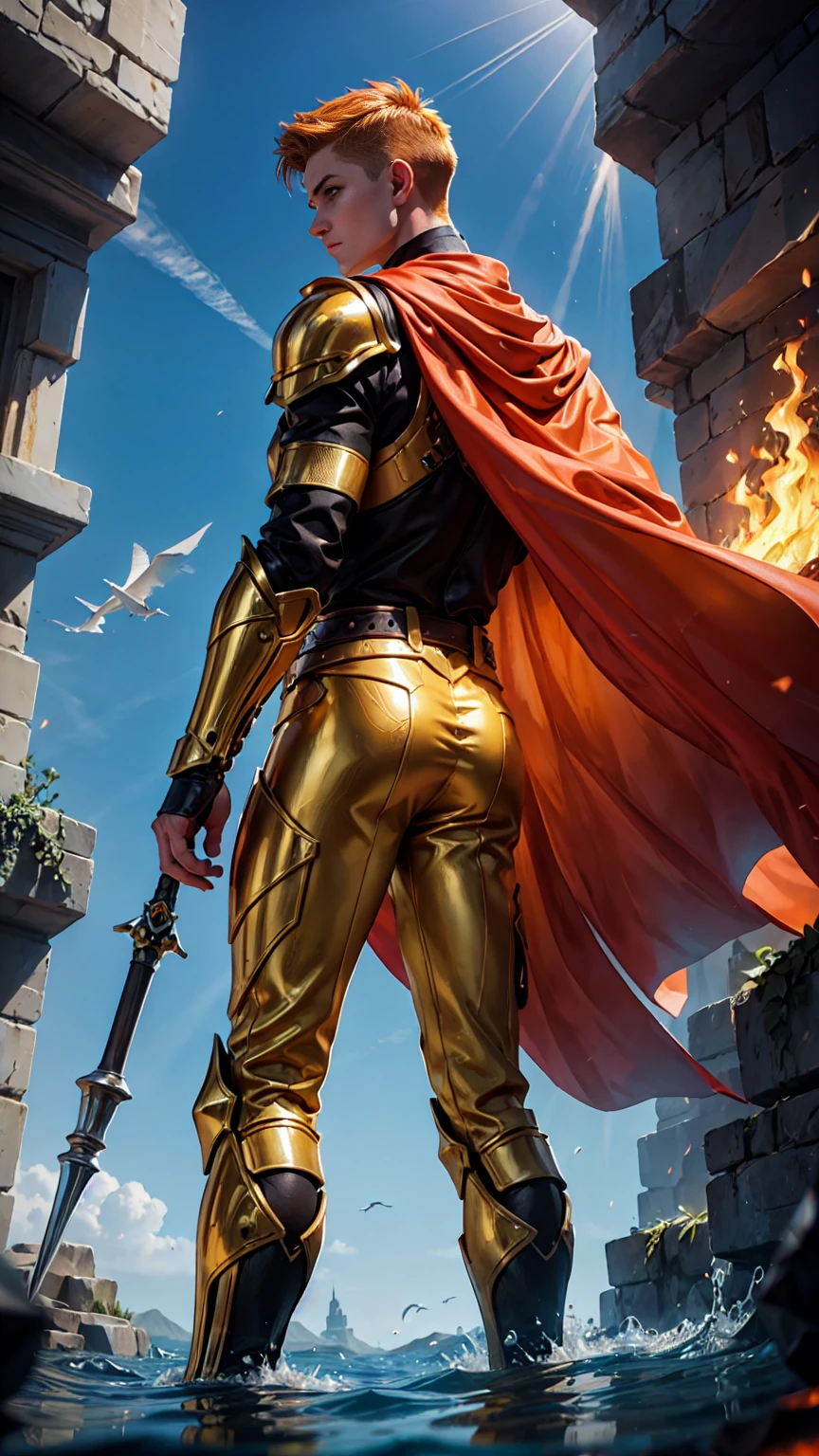 Create an ultra-realistic yet cinematic illustration of a twink man seen from behind, wearing stunning modern armor in orange with golden details, symbolizing fire magic. His short orange undercut hair flows in the wind. He wears a black cape and stands high above, looking down at Aquaria, a kingdom entirely made of water dominators. The scene is set during the day, highlighting a sense of adventure and heroism.