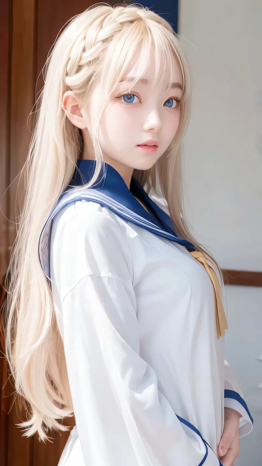 Bust Shot、The most beautiful girls of Nordic、Beautiful, lustrous silk skin that shines white like snow、16 years old、Adorable cute beautiful face、(Bright expression)、Beautiful eyes and shiny blonde hair between the eyes、Beautiful big pale blue eyes covered with bangs、Cute beautiful young woman。Golden, bright, straight, platinum blonde, silky, super long hair、A beautiful girl who looks good in a Japan sailor suit