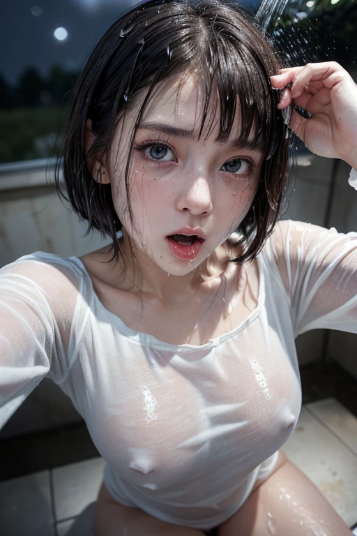 high quality, detailed,a girl with white water drops on her face.she is taking a shower,lots of white water droplets.(at night:2.0),green eyes.she is japanese bitch gal,prostitute,she has a mole under her eye,(smallest breasts),(wearing long sleeve white oversized t-shirt dress,offshoulder,very very wet thin fabric shirt,),blunt bangs,((bob hair,very wet hair and wet face,shiny face)),slender,face up,nipples,temptation
((she looks up so much:1.5))
(((she opens her mouth very very wide:1.2)she looks very very painful and her cheeks are very red))((in very dirty toilet))