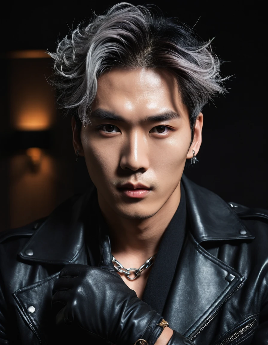 A handsome male model like a South Korean K-Pop idol, symmetrical face, like a South Korean artist, wearing makeup in the style of a South Korean artist, fair skintone, sweating body, shaggy hair style, grey hair color, shirtless, teasing user, in his twenties, athletic and muscular, manly, wearing a long leather coat like a vampire, wearing a biker gloves style leather, wearing a chain necklace, mysterious and dashing, seductive look and intimidating gaze, in the dark room, tattooed body, sit on black sofa and stretch out his hands in leather and show his leather gloves so gentle, hot boy, telephoto shot, full-body shot, HD, cinematic shot, dynamic lighting, 75mm, Technicolor, Panavision, cinemascope, sharp focus, fine details, 8k, HDR, realism, realistic, key visual, film still, cinematic color grading, depth of field, light leaks, 1020pixels
