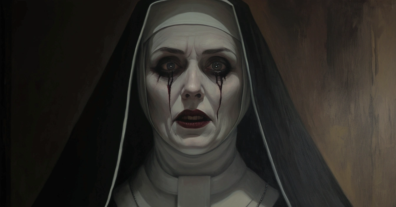 a painting of a nun with a scary face and a black robe, an evil nun, horror painting, arte conceitual de terror, haunted painting, mother sarah artist, still from animated horror movie, nun, The Conjuration style, The Conjuration, Sinister appearance, billie eilish from a sad nun, detailed 4k horror art, vampire nun, mysterious and dark art style