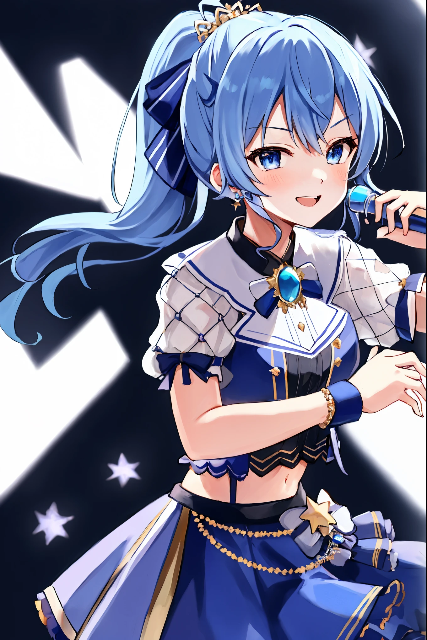 masterpiece, best quality, absurdres, 1girl, solo, Hoshimachi Suisei, light blue hair, blue eyes, happy, smile, parted lips,  sidelocks, ponytail, toned, 
idol, idol clothes, hololive idol uniform, bowtie, blue skirt, brooch, dress, concert, on stage, frilled skirt, jewelry, layered dress, short sleeves, tiara, midriff, thighhighs(,shout:1.5),.(open_mouth:1.3),singing,(angry:0.6), (glare:0.6), idle_live,audience_landscape,light up_girl,solo,shiny_effects,smile。joy,happy,(slanted_eyes:1.3)