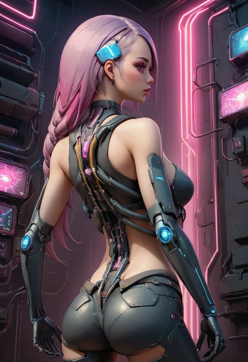 Create an image of the most stunningly gorgeous beautiful perfect young bio punk girl, Stunningly gorgeous perfect face, cyberpunk style, bio punk, bio mechanical arms, bio mechanical legs, perfect round ass, cyber Realism, facing backwards looking forward, in the cyberpunk 2077 universe