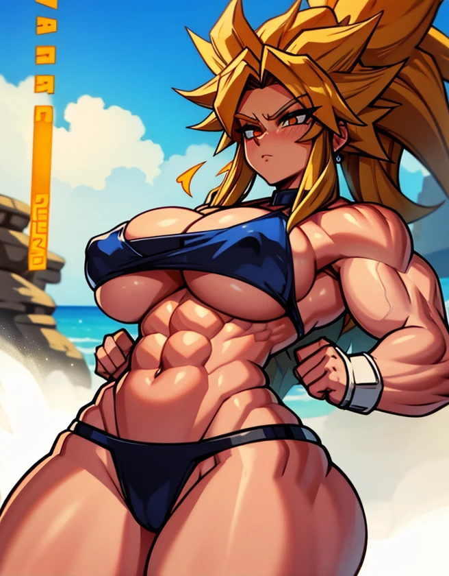 Beautiful muscular woman, Breasts huge, abdomen, thick-thighs, big-ass, Bikini, super Sayajin, spiky hair, 4k hd