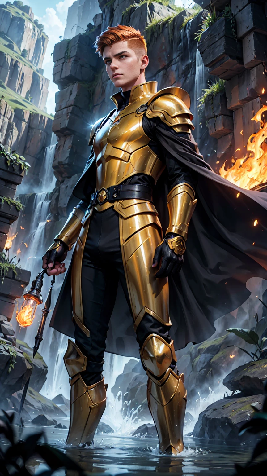 Create an ultra-realistic yet cinematic illustration of a twink man seen from behind, wearing stunning modern armor in orange with golden details, representing fire magic. His short orange undercut hair flows in the wind. He wears a black cape and stands high above, gazing down at Aquaria, a kingdom entirely made of water dominators. The scene is set during the day, capturing a sense of adventure and heroism.
