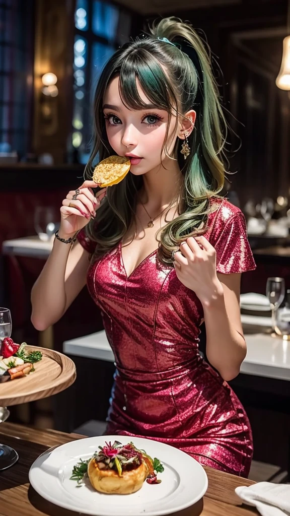 Frederica Greenhill, 25 years old, lieutenant, adjutant, shortcut, green hair,
Eating in a luxurious pink dress at a high-end restaurant