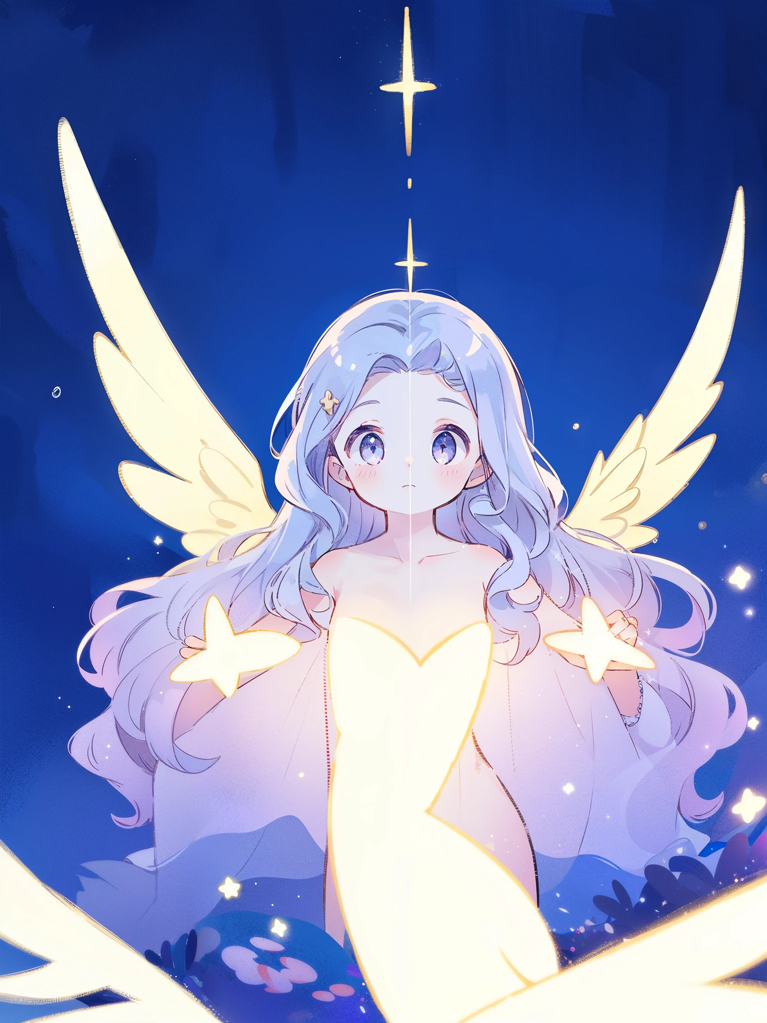 nude angel girl wearing an ethereal translucent dress, pale skin, ((wavy gradient blue purple hair)), white feathers, angel wings, sparkling detailed eyes, golden ratio face, perfect composition, highly detailed, ethereal, (starry night sky background), midjourney style