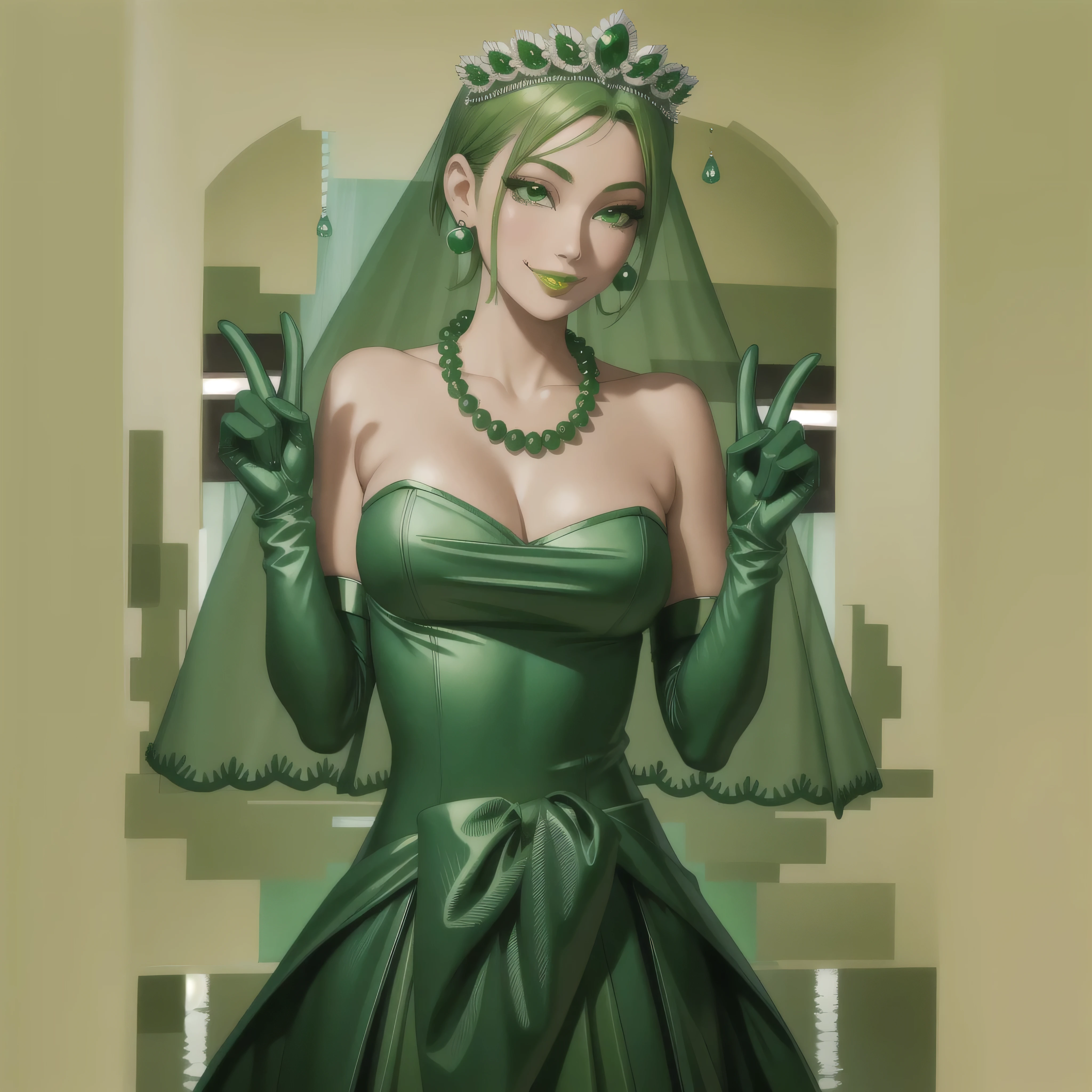 Emerald tiara, Green Pearl Necklace, Boyish very short green hair, Green Lips, Smiling Japanese woman, Very short hair, Busty beautiful lady, Green Eyes, Green satin long gloves, Green Eyes, Emerald Earrings, Green veil, all, Green Hair, Beautiful Japanese Women, green lip gloss