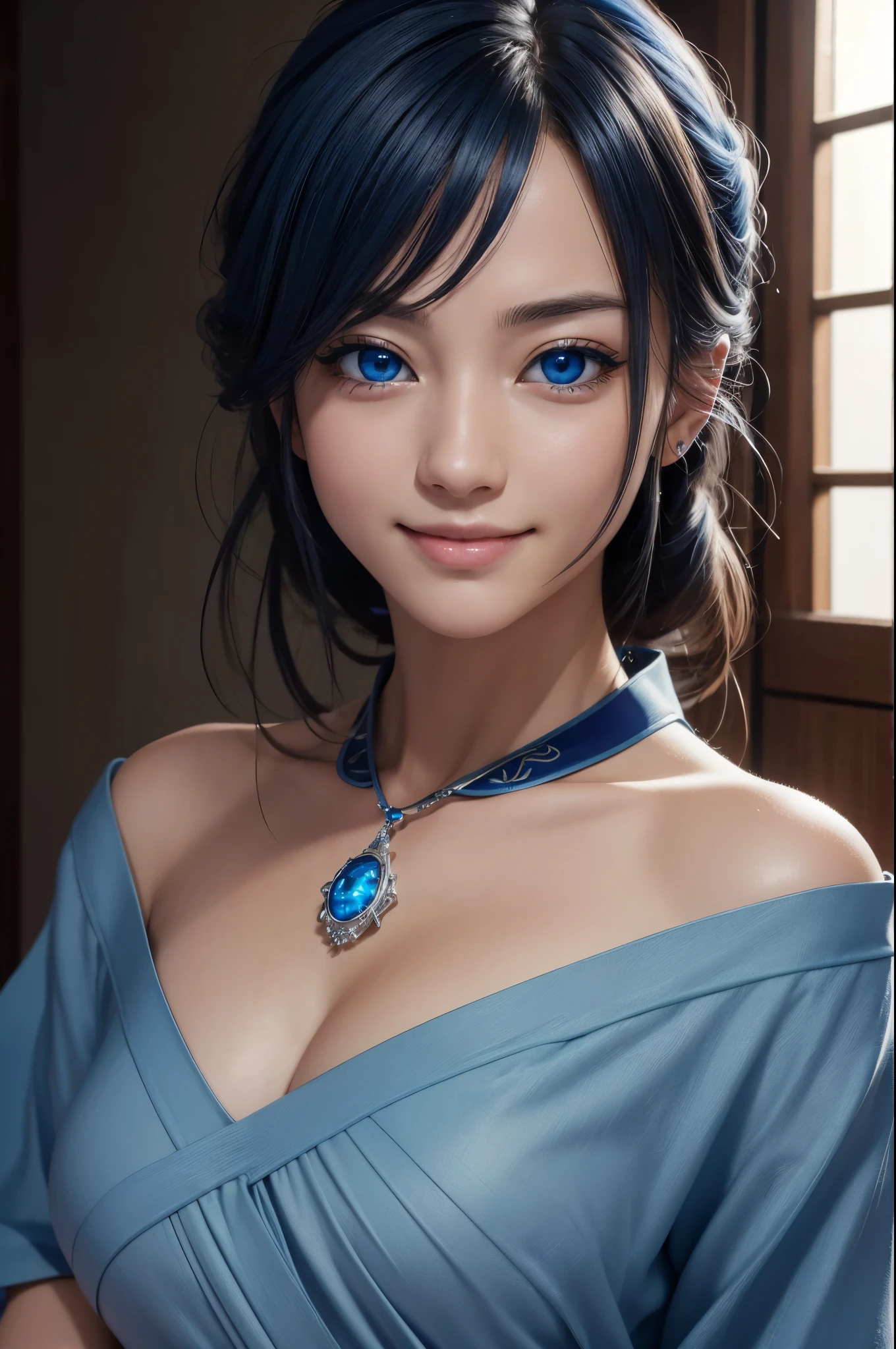 8k,Ultra-high resolution,((Best image quality)), ((masterpiece)), (Attention to detail:1.3), 大きなsmileでblue eyesのジャンヌD'Aak,Paladin,blue eyes,Blonde Perm Blue Hair,Woman in black armor(精密な金色のPaladinの紋章の細工)、Cleavage,We paid special attention to the decoration of the chest armor...、Beautiful expression,charm,sexy,so beautiful(Like the real thing),Carry a big, long sword,smile,Luxury black pants,Blue and black shoulder pads,Blue-black armor,Blue-black leg armor,masterpiece,Photorealistic RAW photos of the highest quality。Bright colors,Rich colors, Backlight, Cinema Lighting, Film Grain, to be born, 50mm lens, Nikon D850,Realistic Skin,Fantasy art,Character Art,Ultra-high resolution,大きなsmile,