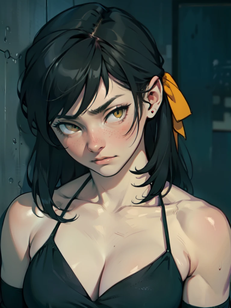 empty eyes embarrassed girl black hair yellow eyes pale skin muscular girl feminine