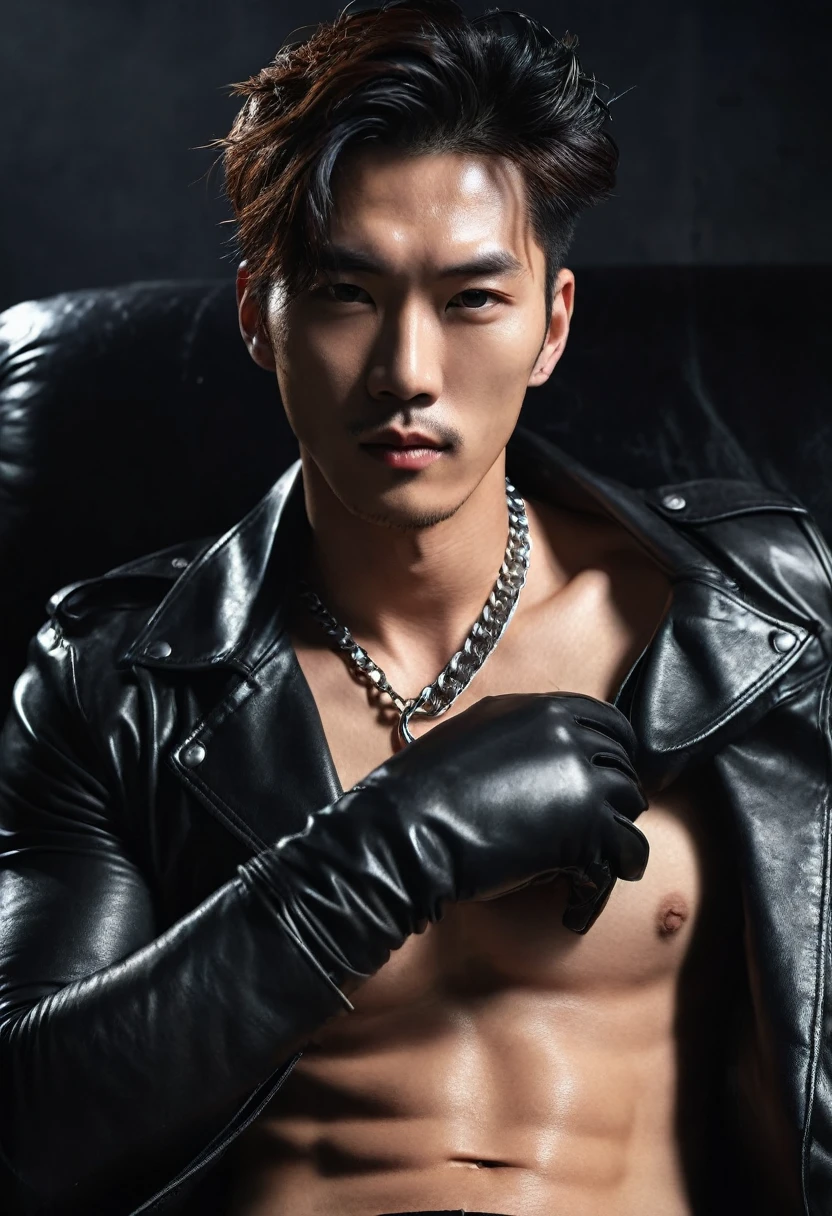 A handsome male model like a South Korean K-Pop idol with symmetrical manly sharp face wearing long leather coat and leather gloves, he has muscle sixpack body and has light fair skintone, sweating body, shaggy hair style, grey hair color, shirtless, teasing user, in his twenties, athletic and muscular, manly, wearing a biker gloves style leather, wearing a chain necklace, mysterious and dashing, seductive look and intimidating gaze, in the dark room, tattooed body, sit on black sofa and stretch out his hands in leather and show his leather gloves so gentle, hot boy, telephoto shot, full-body shot, HD, cinematic shot, dynamic lighting, 75mm, Technicolor, Panavision, cinemascope, sharp focus, fine details, 8k, HDR, realism, realistic, key visual, film still, cinematic color grading, depth of field, light leaks, 1020pixels