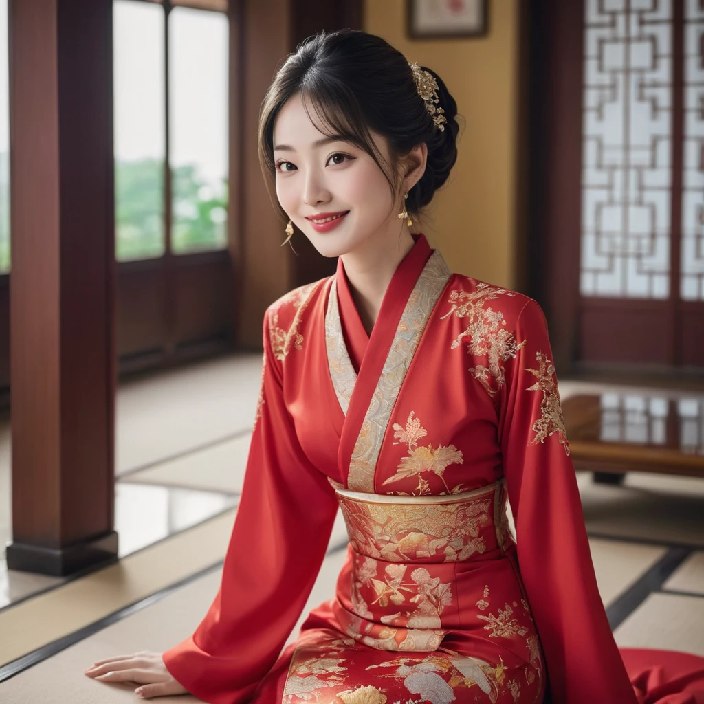((Highest quality)), ((masterpiece)), (detailed), （Perfect Face）、The woman is Satomi Ishihara, with her medium-long hair tied up in a bun, wearing a gorgeous red Chinese dress with gold embroidery and trim, a long slit that shows off her thighs, and is dressed luxuriously with gorgeous accessories and an engagement ring.、The woman is smiling gently、The woman is in a luxurious palace in China, embracing and kissing a handsome and dignified middle-aged Chinese man, making love and getting married.