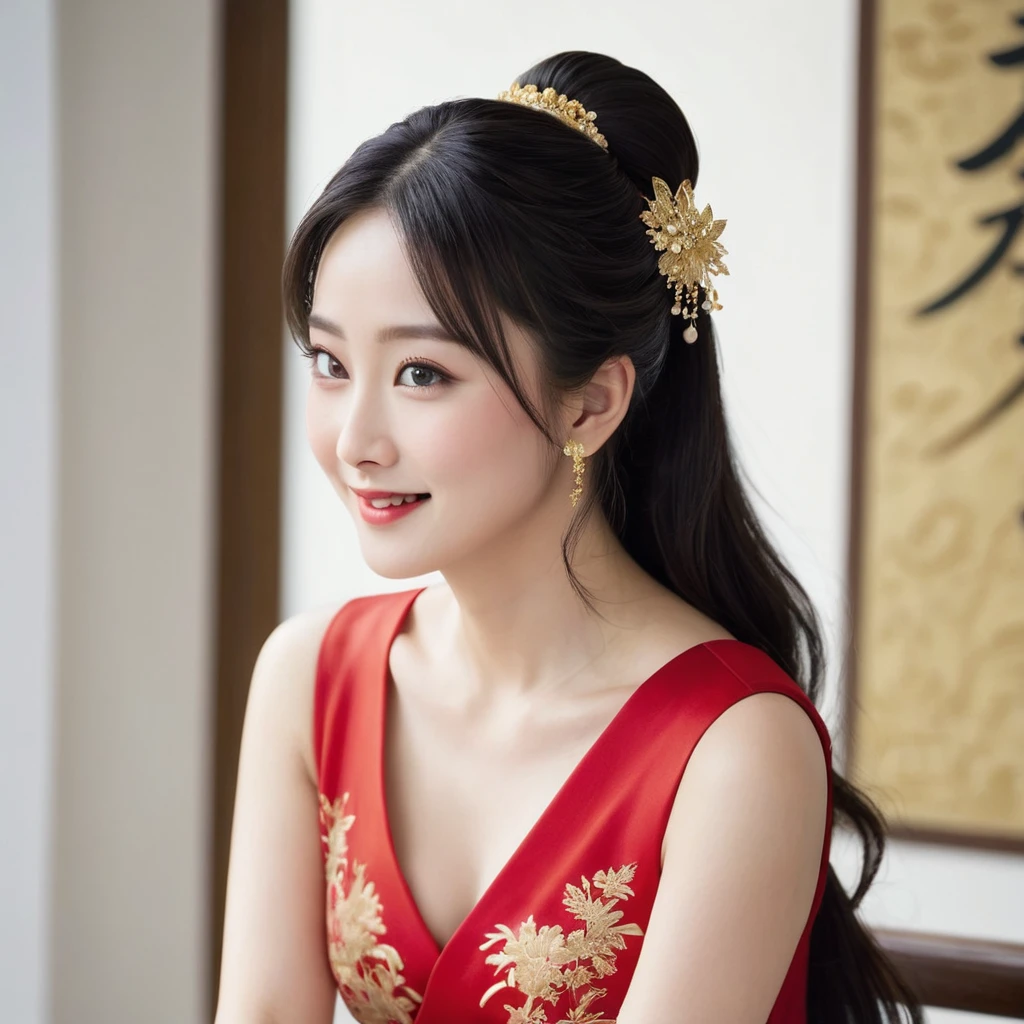 ((Highest quality)), ((masterpiece)), (detailed), (Perfect Face)、The woman is Satomi Ishihara, with her medium-long hair tied up in a bun, wearing a gorgeous red Chinese dress with gold embroidery and trim, a long slit that shows off her thighs, and is dressed luxuriously with gorgeous accessories and an engagement ring.、The woman is smiling gently、The woman is in a luxurious palace in China, embracing and kissing a handsome and dignified middle-aged Chinese man, making love and getting married.