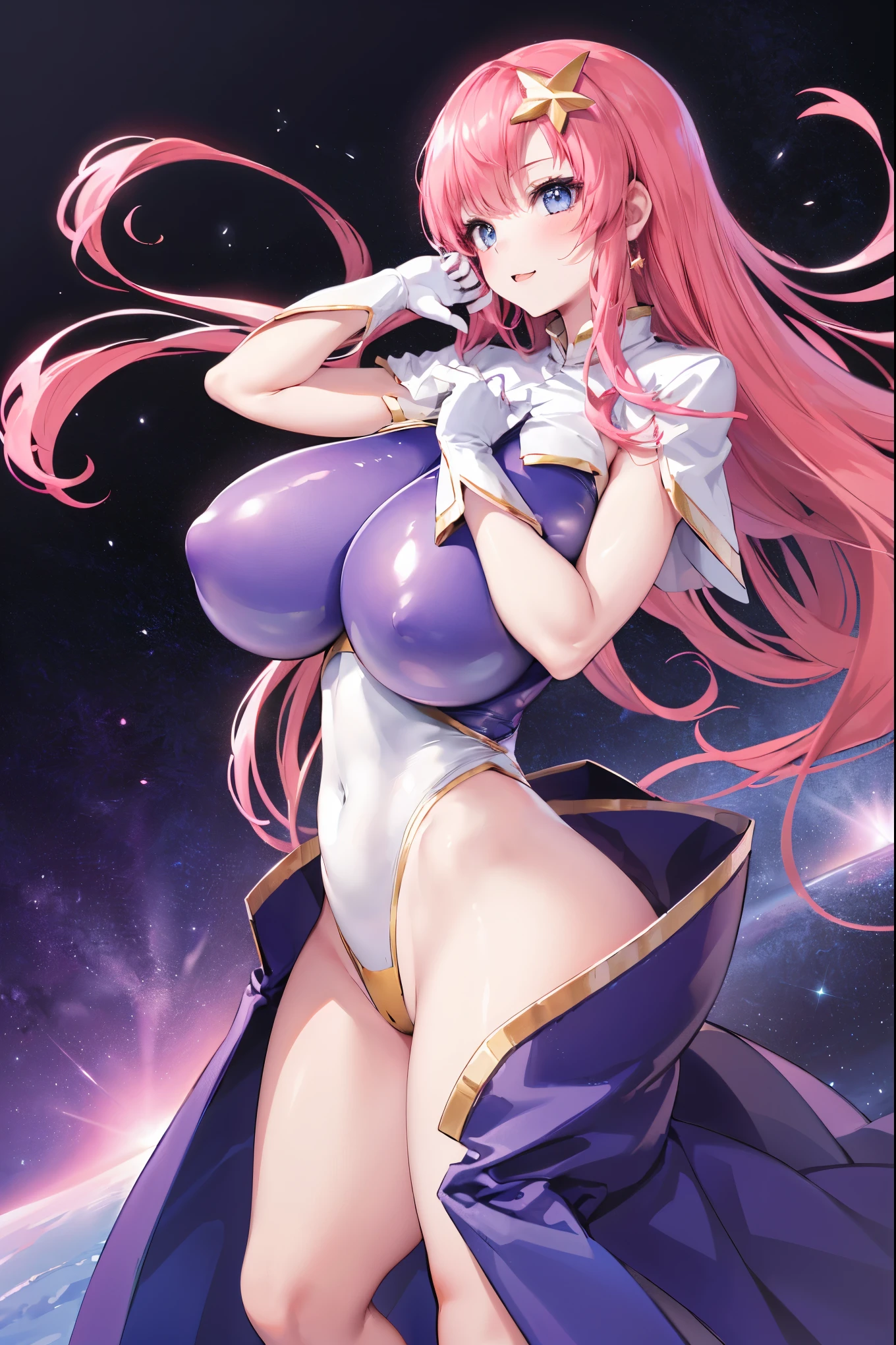 (masterpiece)、(Highest image quality)、(Super detailed)、(extremely detailed)、4K、(8K)、Highest image quality、(beautiful)、
more campbell, 1 teen_girl, star hair ornaments, hair ornaments, pink hair, long hair, gloves, Leotard Purple leotard, white leotard, leotard that bites、(gigantic_tits:1.2)、thick thighs、,light smile、dynamic pose、gravure、dynamic angle、noise removal、emphasis on crotch、chest enhancement,open_legs