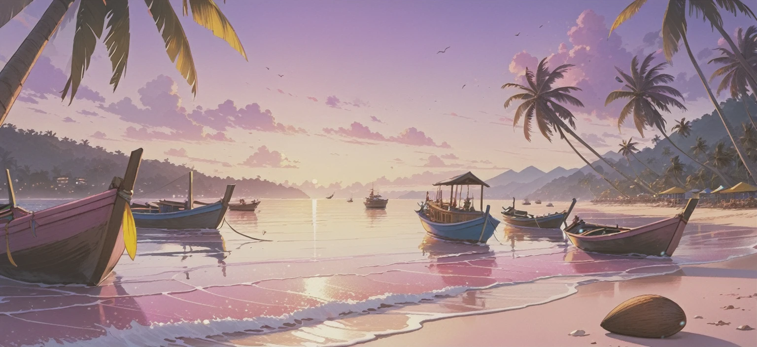 The light pink sea has fishing boats. There is a beach full of coconut shells. The evening sky is pink and purple and yellow.