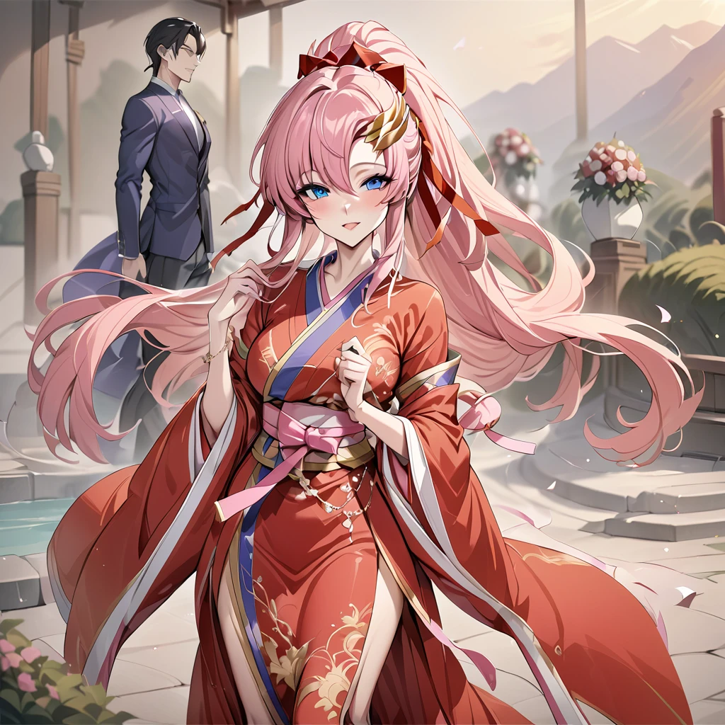 ((Highest quality)), ((masterpiece)), (detailed), (Perfect Face)、The woman is Lacus Clyne, with blue eyes and semi-long pink hair tied up in a ponytail. She is dressed in a gorgeous red wedding kimono with gold embroidery and trim, and is adorned with gorgeous accessories and an engagement ring.、The woman is having a grand wedding with a handsome and dignified middle-aged Chinese man.