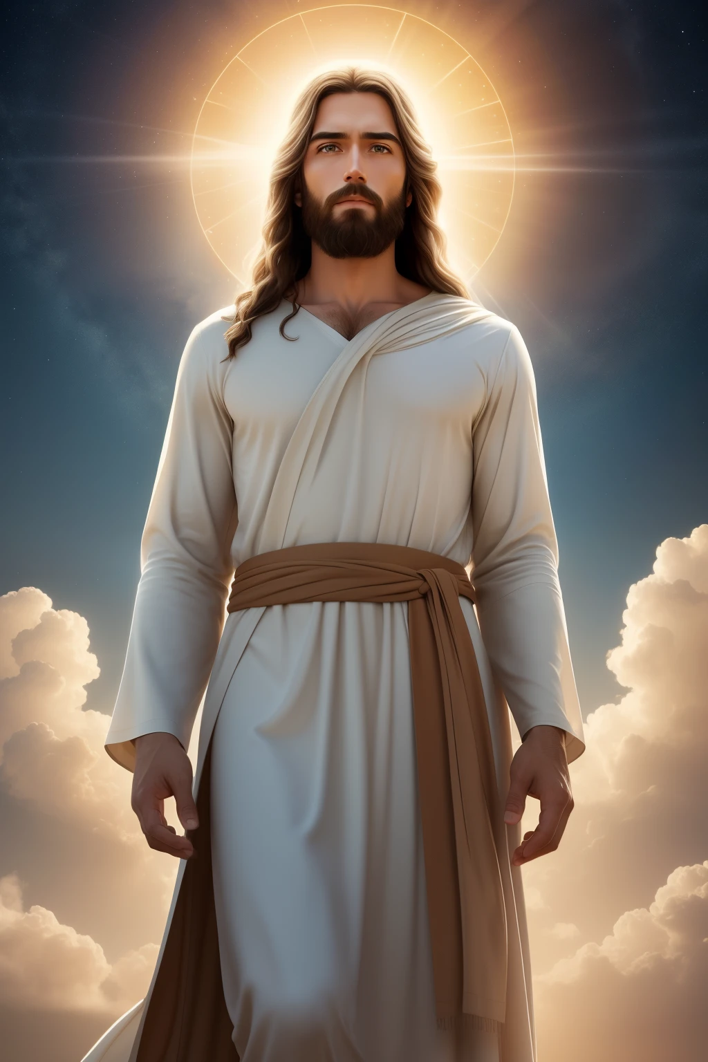 Create a Realistic variation of an image depicting Jesus in heaven, with shoulders-length hair, a well-groomed beard, and compassionate, emotive eyes that radiate warmth and understanding. Dressed in a bright white, conservative tunic, Jesus stands in the clouds, bathed in a white, bright, and heavenly glowing backlight. With open arms, he appears captivating and welcoming, inviting viewers to feel a sense of peace and tranquility.

The wide-shot angle offers a grandiose and epic composition, capturing the vast expanse of the clouds and Jesus' celestial surroundings. The image is shot in 32k resolution and full HD,