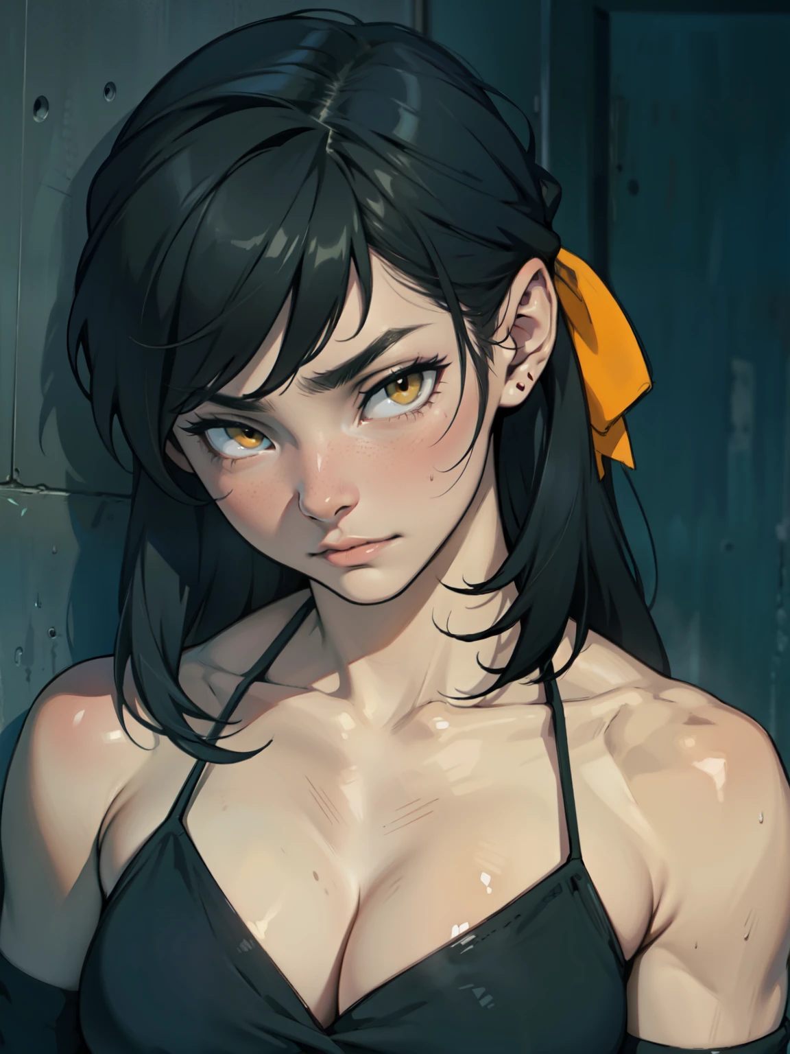 empty eyes embarrassed girl black hair yellow eyes pale skin muscular girl feminine