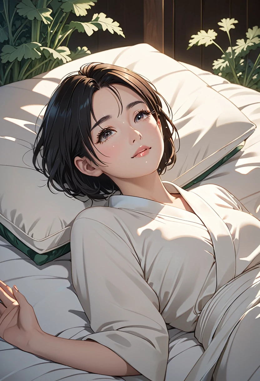 work of art, high resolution, illustration, Kyoto animation style, Its name is cinematic style, natta, midnatta, Lumiere, (1 female: 1.3), (standing alone: 1.4), long eyelashes, short bob, blushing nose, futon, lying down, Kale, Close do rosto, hide with your hands胸部, hide with your hands,