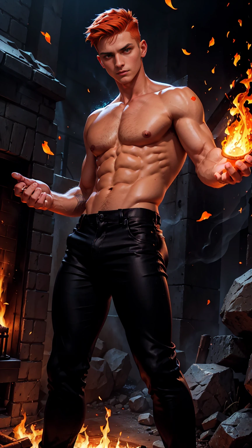A handsome and charming man, he has an orange-red undercut, he is twink (Shirtless: 1.2) and extremely muscular, and has perfect orange eyes. He is using fire magic through his hands, displaying his marvelous fire powers against someone, cinematic, he is perfect, (Black pants: 1.2).