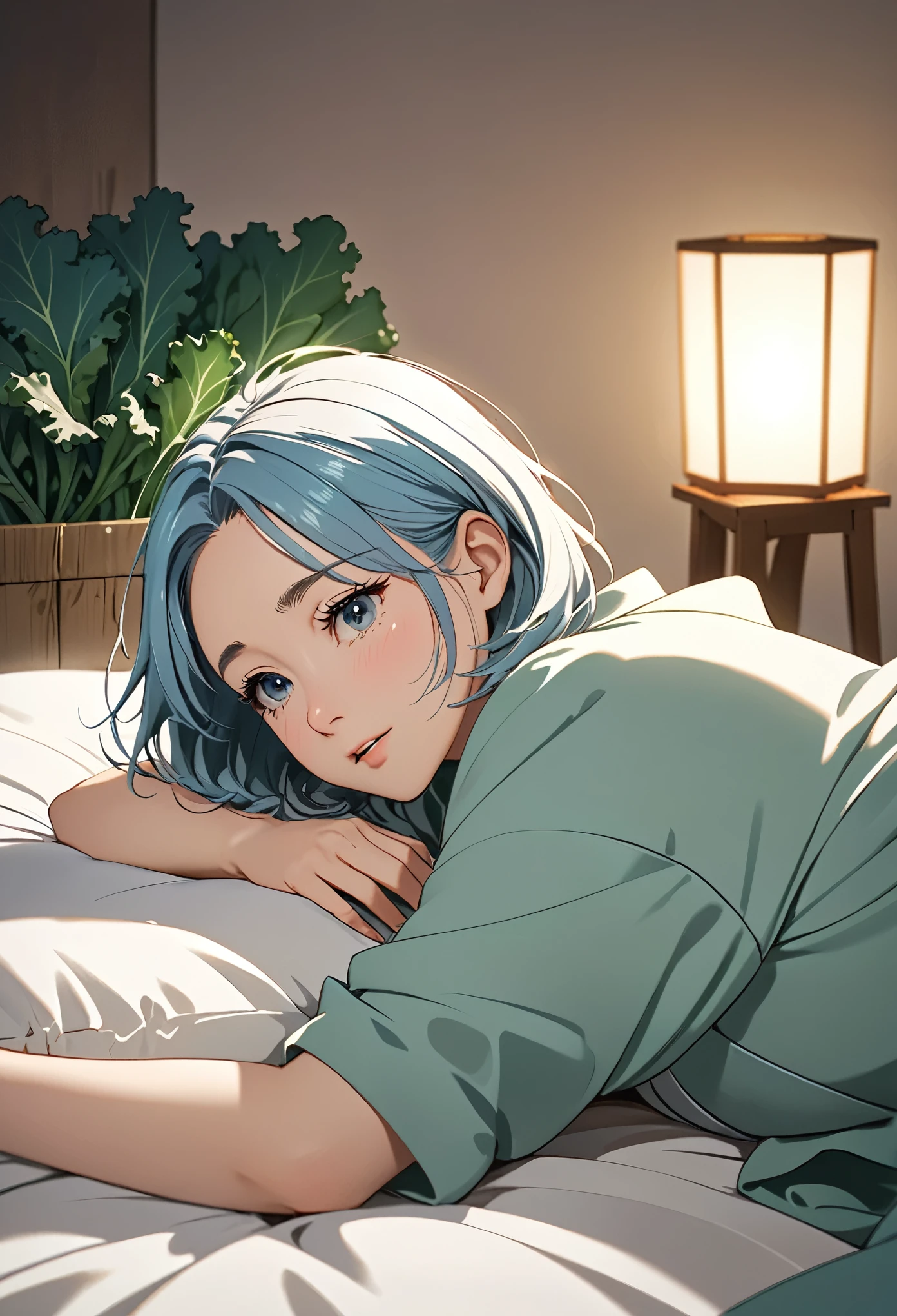 work of art, high resolution, illustration, Kyoto animation style, Its name is cinematic style, natta, midnatta, Lumiere, (1 female: 1.3), (standing alone: 1.4), long eyelashes, short bob, blushing nose, futon, lying down, Kale, Close do rosto, hide with your hands胸部, hide with your hands,