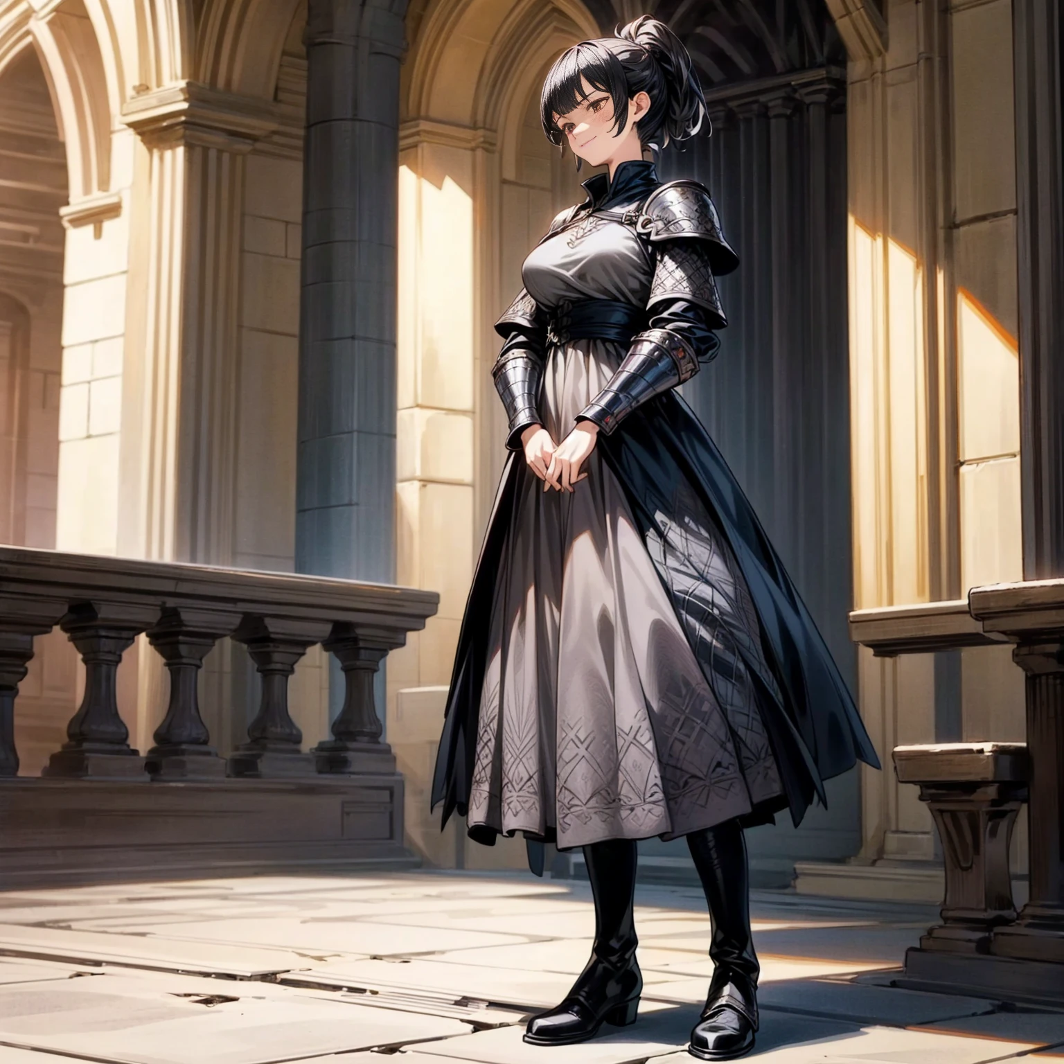 Solo character, full body version, girl, short hair, ponytail, black color hair, brown eyes, medieval soldier clothing, heavy armor, pink long dress, black boots, detailed shadow, (black clover style art), indoor, Castle, gesture bodyguard, close eyes, happy eyes, smile mouth, Big breasts 