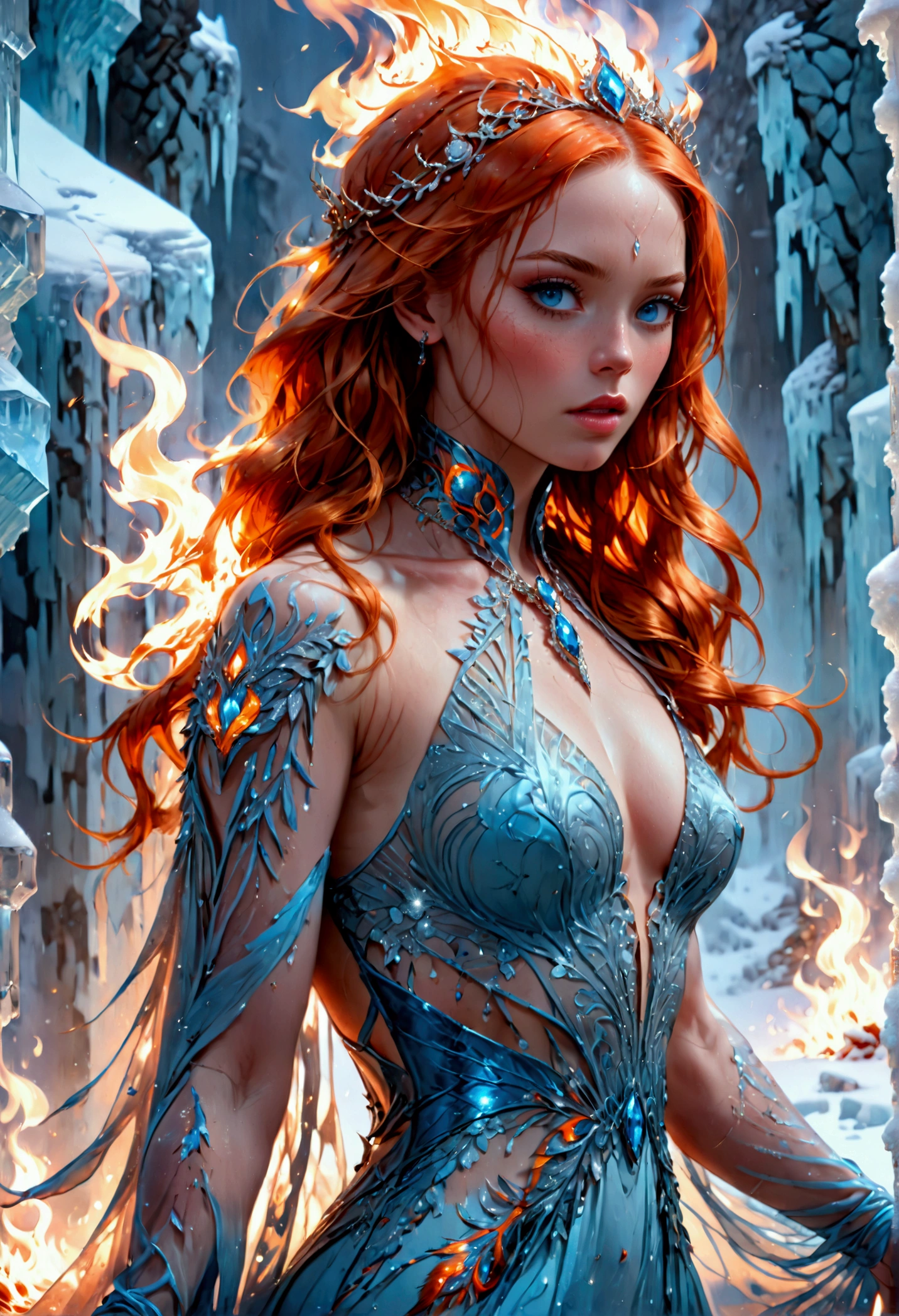 a glamour picture shot, of an elite model covered in fire walking on a icy catwalk, an extraordinary glamourous elite female model, ((full body: 1.5)),  ((anatomically correct: 1.5), (ultra detailed face: 1.2), best detailed face, orange hair, long hair, lush hair, glam hair cut, blue eyes, delicate face, light make up, wearing intricate detailed dress, glamour dress, haute couture dress, elite fashion dress, FireMagicAI,  small cleavage, wearing high heels, elegant high heels, she wears diamond necklace, she is covered in fire, she walks on an icy catwalk, image reflecting in the ice IceMagicAI, elite fashion show background, vibrant, Hyperrealism style, vibrant, Ultra-high resolution, High Contrast, (masterpiece:1.5), highest quality, Best aesthetics), best details, best quality, highres, ultra wide angle, 16k, [ultra detailed], masterpiece, best quality, (extremely detailed) RAW, FireMagicAI, IceMagicAI, Dark Art Painting Style