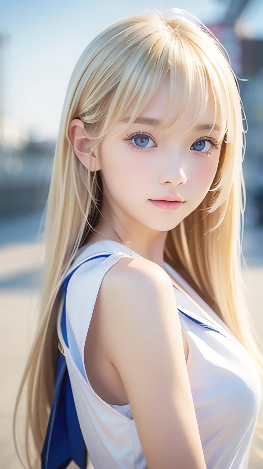 Bust Shot、The most beautiful girls of Nordic、Beautiful, lustrous silk skin that shines white like snow、16 years old、Adorable cute beautiful face、（Bright expression）、Beautiful eyes and shiny blonde hair between the eyes、Beautiful big pale blue eyes covered with bangs、Cute beautiful young woman。Golden, bright, straight, platinum blonde, silky, super long hair、A beautiful girl who looks good in a Japan sailor suit