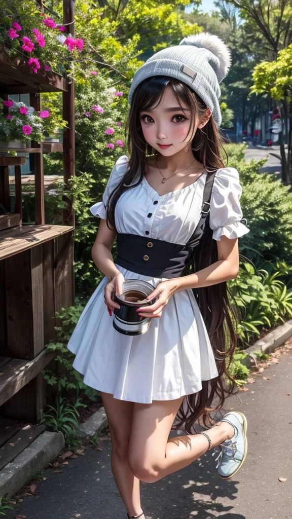 The quiet and charming scene captures the essence of the Japanese maid's coffee，E com um toque de anime. Vibrant vegetation adorns the café, Adicione uma atmosfera fresca e animada. Talented photographer, Flores de cerejeira Kawaii, Capture the moment with a state-of-the-art 16K camera, Bring every detail to life. sensual e sexy, roupas curtas