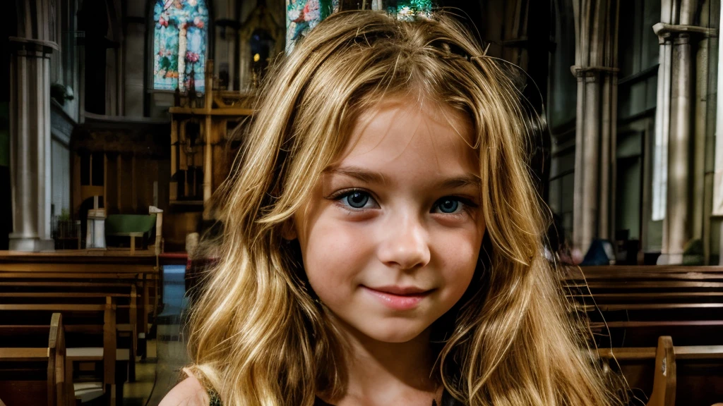 (Better image quality) face of a beautiful 6--old l with long blonde hair and green eyes in a Christian church ; very atractive.