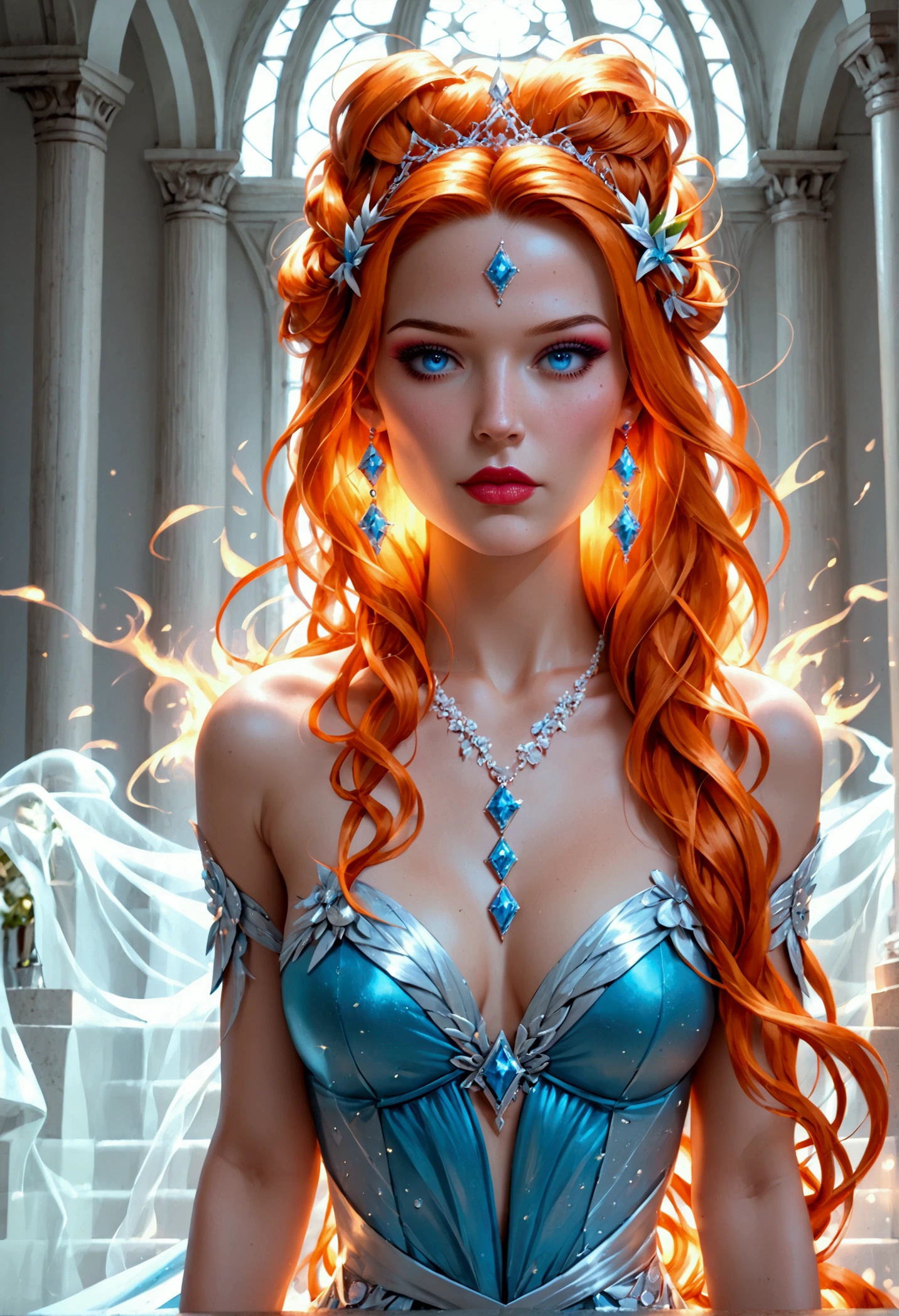 a glamour picture shot, of an elite model covered in fire walking on a icy catwalk, an extraordinary glamourous elite female model, ((full body: 1.5)),  ((anatomically correct: 1.5), (ultra detailed face: 1.2), best detailed face, orange hair, long hair, lush hair, glam hair cut, blue eyes, delicate face, light make up, wearing intricate detailed dress, glamour dress, haute couture dress, elite fashion dress, FireMagicAI,  small cleavage, wearing high heels, elegant high heels, she wears diamond necklace, she is covered in fire, she walks on an icy catwalk, image reflecting in the ice IceMagicAI, elite fashion show background, vibrant, Hyperrealism style, vibrant, Ultra-high resolution, High Contrast, (masterpiece:1.5), highest quality, Best aesthetics), best details, best quality, highres, ultra wide angle, 16k, [ultra detailed], masterpiece, best quality, (extremely detailed) RAW, FireMagicAI, IceMagicAI, Dark Art Painting Style