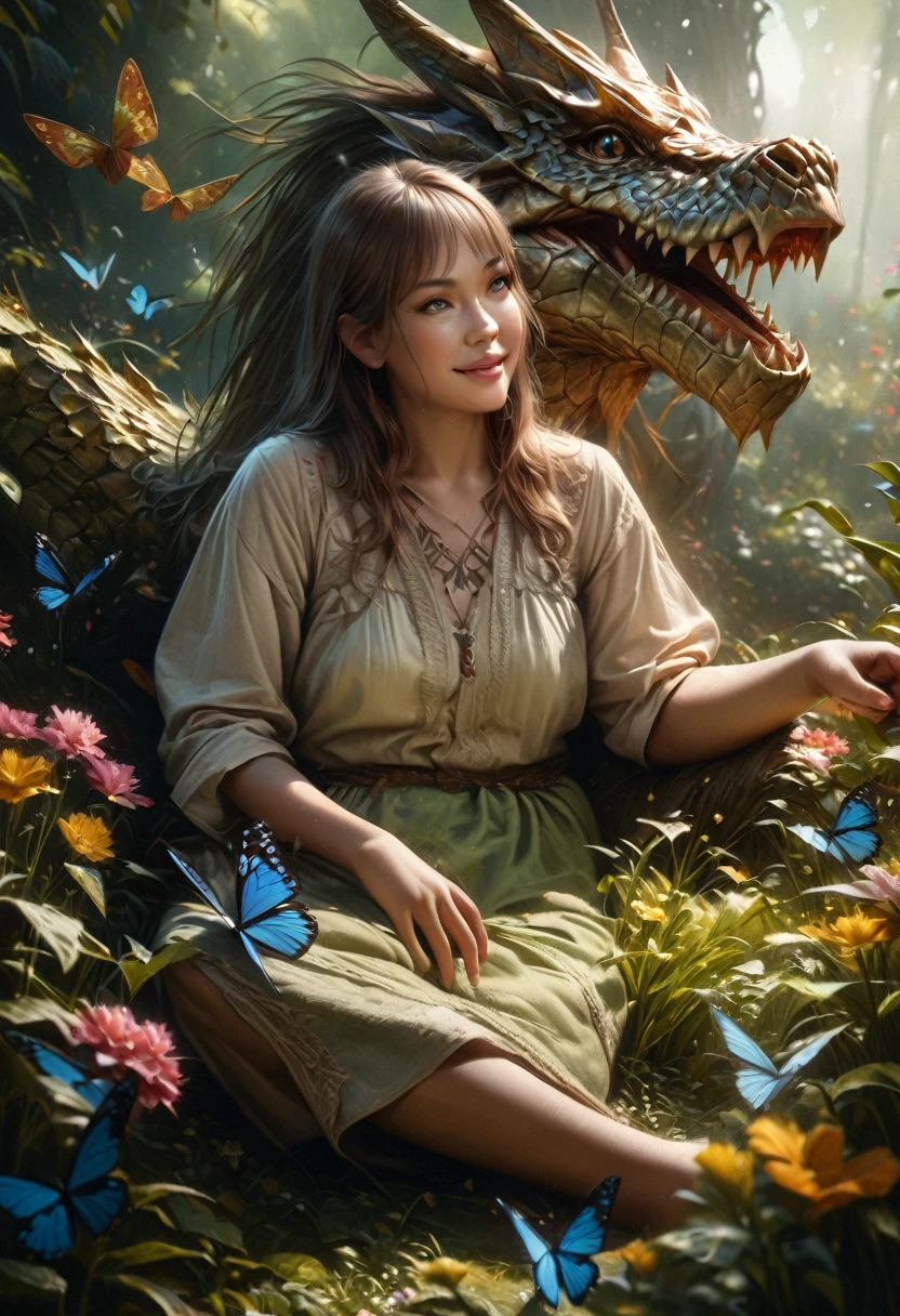 a kind smiling dragon,sitting in a green meadow,surrounded by flowers and butterflies,(best quality,4k,8k,highres,masterpiece:1.2),ultra-detailed,(realistic,photorealistic,photo-realistic:1.37),fantasy,illustration,digital art,concept art,intricate details,soft lighting,vibrant colors,serene atmosphere