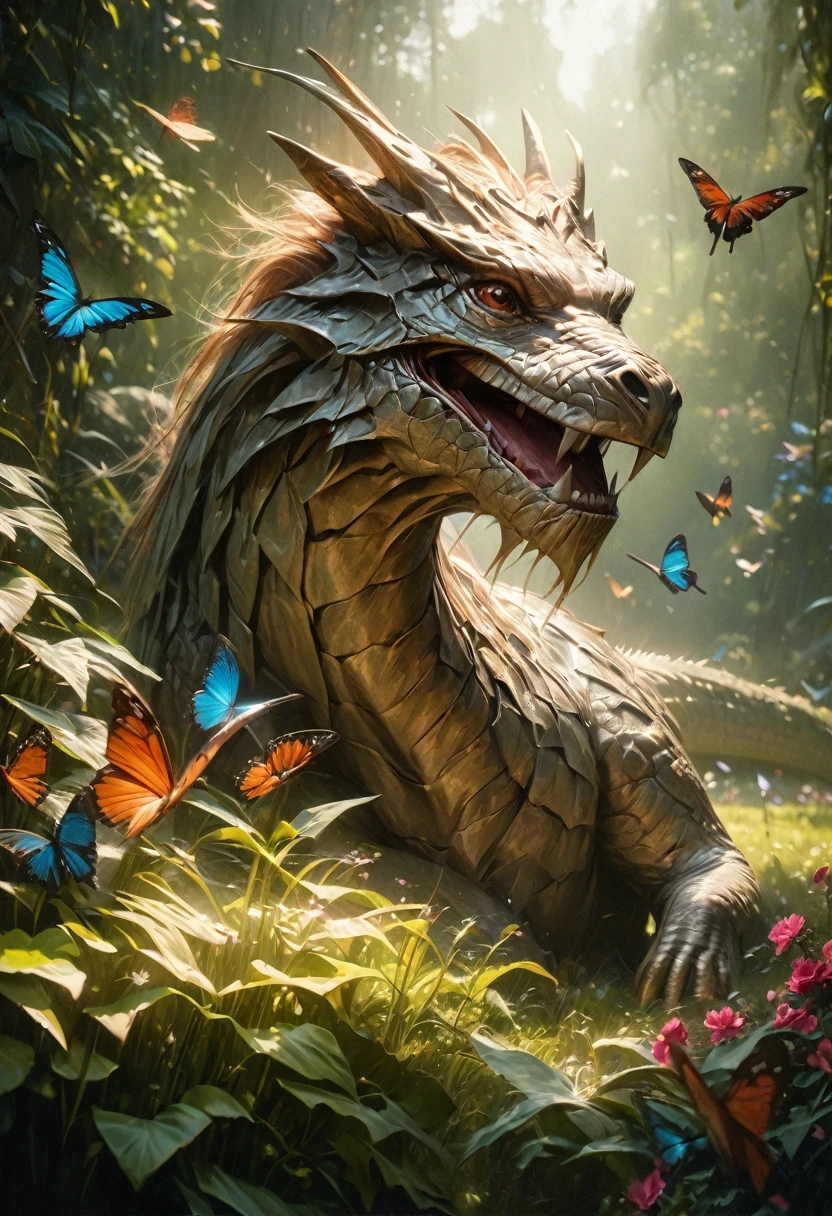 a kind smiling dragon,sitting in a green meadow,surrounded by flowers and butterflies,(best quality,4k,8k,highres,masterpiece:1.2),ultra-detailed,(realistic,photorealistic,photo-realistic:1.37),fantasy,illustration,digital art,concept art,intricate details,soft lighting,vibrant colors,serene atmosphere