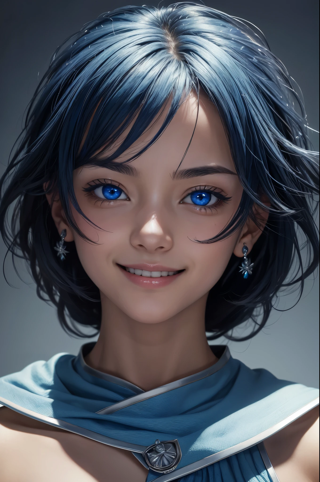 8k,Ultra-high resolution,((Best image quality)), ((masterpiece)), (Attention to detail:1.3), 大きなsmileでblue eyesのジャンヌD'Aak,Paladin,blue eyes,Blonde Perm Blue Hair,Woman in black armor(精密な金色のPaladinの紋章の細工)、Cleavage,We paid special attention to the decoration of the chest armor...、Beautiful expression,charm,sexy,so beautiful(Like the real thing),Carry a big, long sword,smile,Luxury black pants,Blue and black shoulder pads,Blue-black armor,Blue-black leg armor,masterpiece,Photorealistic RAW photos of the highest quality。Bright colors,Rich colors, Backlight, Cinema Lighting, Film Grain, to be born, 50mm lens, Nikon D850,Realistic Skin,Fantasy art,Character Art,Ultra-high resolution,大きなsmile,