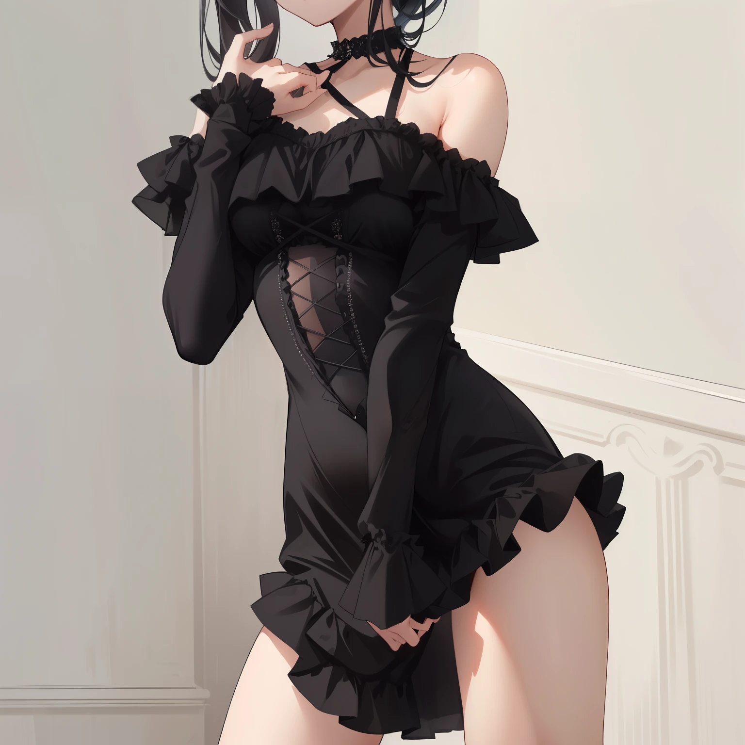 there is a woman in a black dress posing for a picture, frilly outfit, sexy dress, anime girl wearing a black dress, black bodysuit, intriguing outfit, pretty face with arms and legs, sexy outfit, she is wearing a black dress, wearing a black bodysuit, bodysuit, in dress, sexy style, very sexy outfit, revealing outfit
