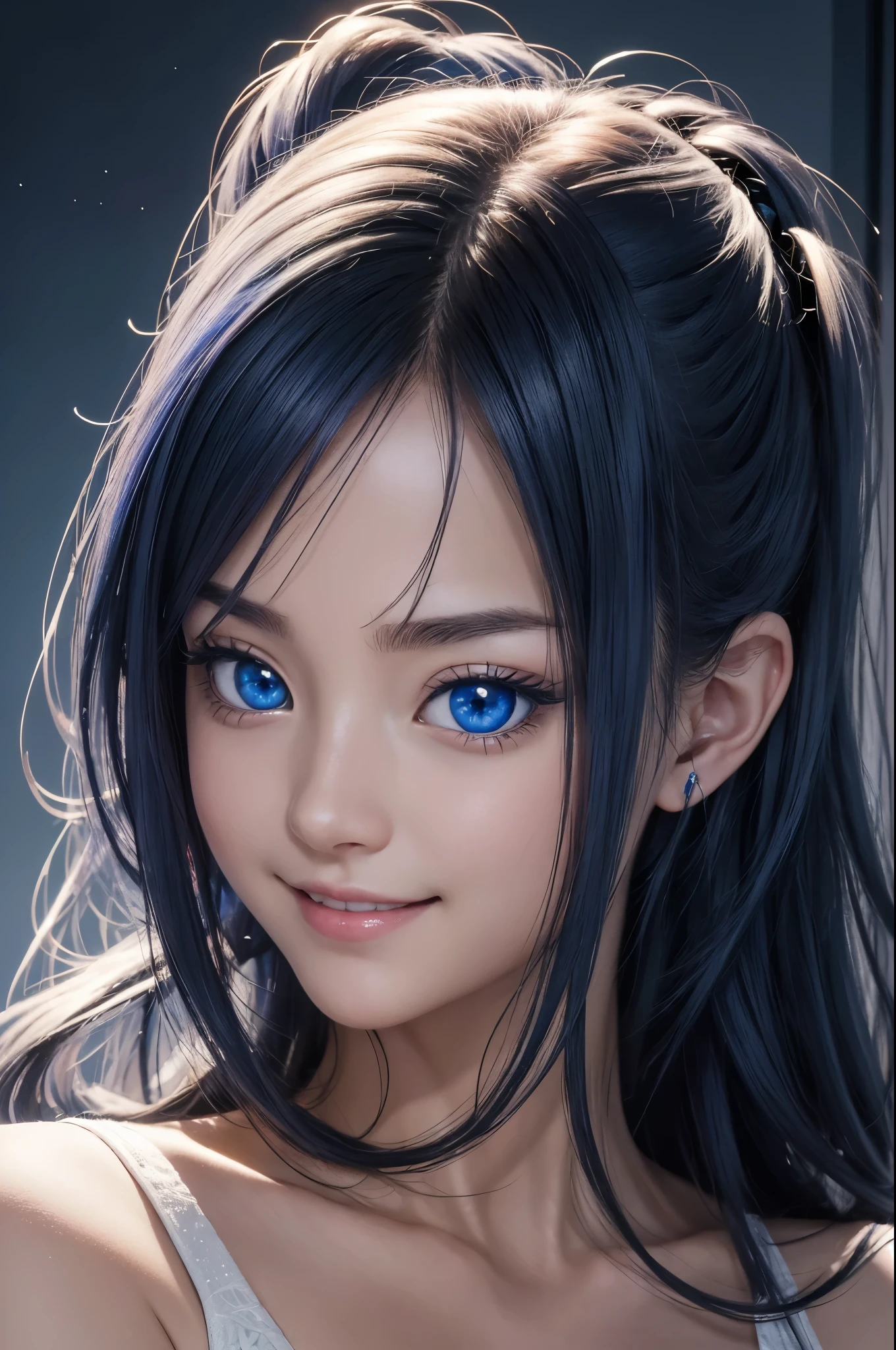 8k,Ultra-high resolution,((Best image quality)), ((masterpiece)), (Attention to detail:1.3), 大きなsmileでblue eyesのジャンヌD&#39;Aak,Paladin,blue eyes,Blonde Perm Blue Hair,Woman in black armor(精密な金色のPaladinの紋章の細工)、Cleavage,We paid special attention to the decoration of the chest armor...、Beautiful expression,charm,sexy,so beautiful(Like the real thing),Carry a big, long sword,smile,Luxury black pants,Blue and black shoulder pads,Blue-black armor,Blue-black leg armor,masterpiece,Photorealistic RAW photos of the highest quality。Bright colors,Rich colors, Backlight, Cinema Lighting, Film Grain, to be born, 50mm lens, Nikon D850,Realistic Skin,Fantasy art,Character Art,Ultra-high resolution,大きなsmile,