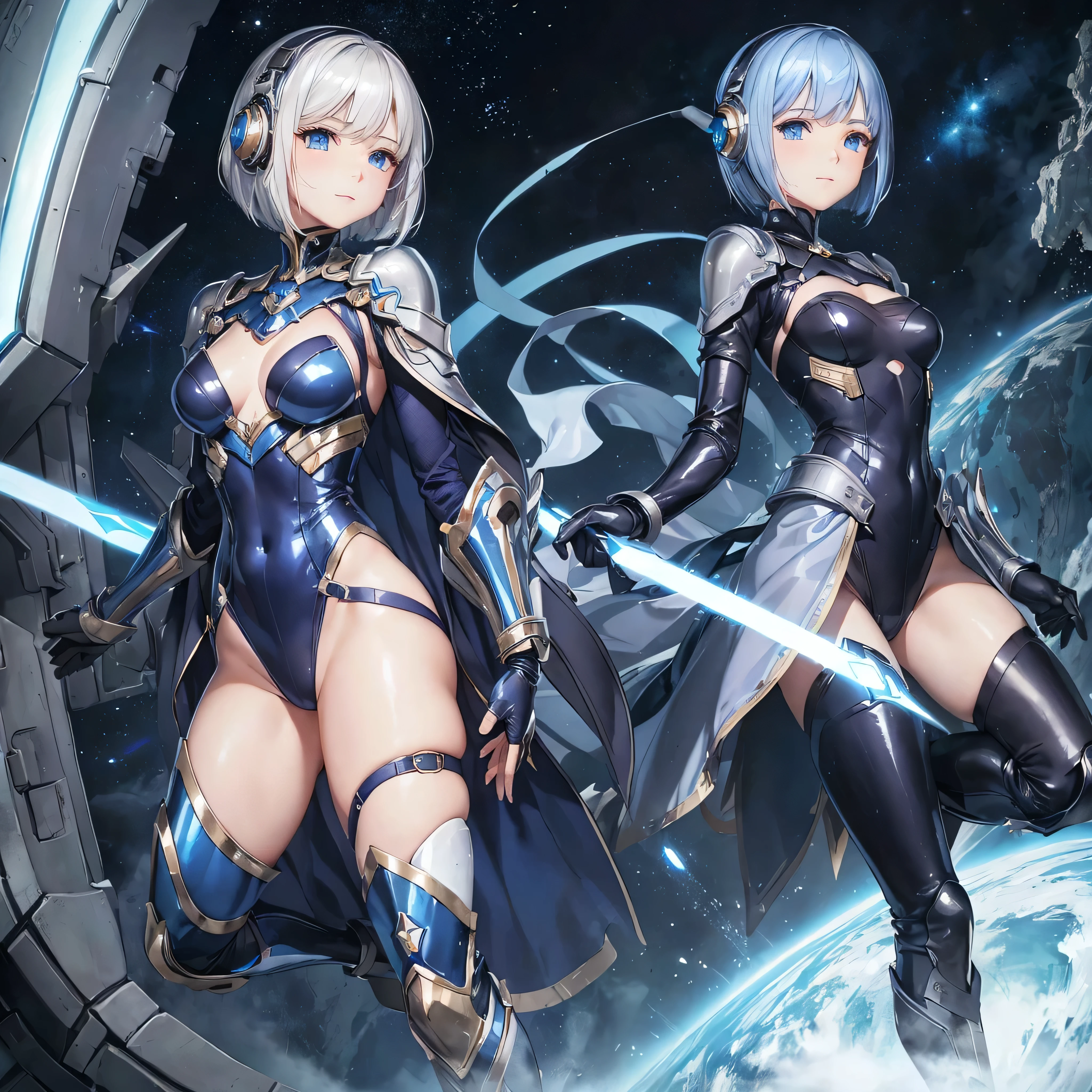 (masterpiece、Highest quality、Highest Resolution、Clear_image、Detailed details): (Whole body、One 20 year old girl、Japanese Faces、Small Face、Slender、Navy blue super short bob cut hair、(Hidden small breasts:1.3)、Sparkling blue eyes、A shiny patent leather pilot suit in white, blue and black、Chest protection armor、Clothes that cover the whole body、Very delicate and beautiful、Detailed Skin、Clothes that hide the thighs、Clothes that cover the buttocks、cute、Cute、A gentle smile、Soft expression、heroine、headset、Knee-high boots、Elbow-length gloves、Eye Level Shot、Peace talks between warring factions,attention arousal, smart blue eyes,Face directly、Woman on a spaceship)